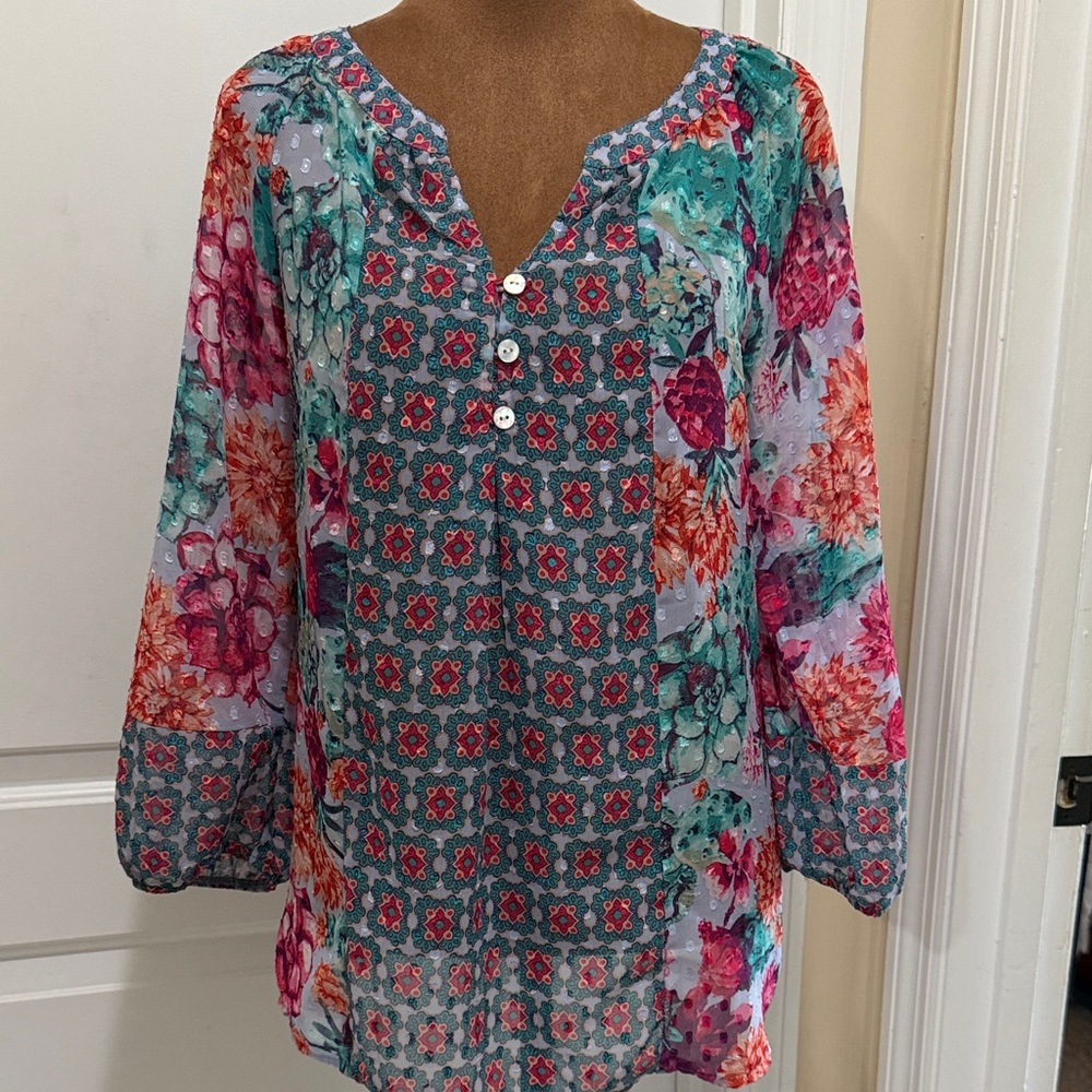 Anthropologie Fig & Flower Floral Sheer Patchwork Peasant Blouse Vibrant Colors